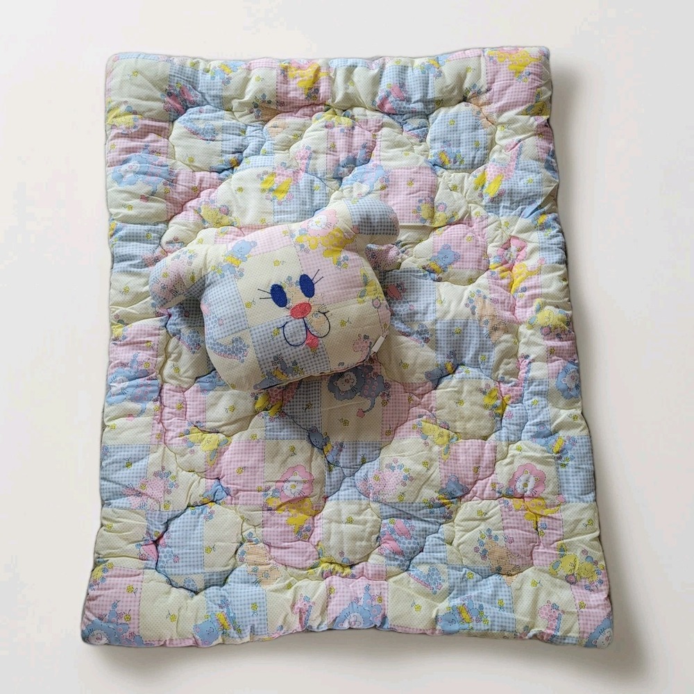 Vtg 80s Quiltex Baby Quilt & Matching Animal Pillow Set - Pastel Patchwork EUC